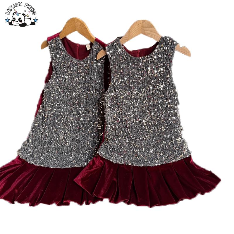 Stylish Sleeveless Girls Velvet Sequin Children Clothes Girls Dress Velvet Girl Dress