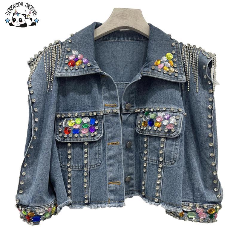 Customizable Fashion Street Wear Denim Beaded Crystal Gems Kids Turn-down Collar Jacket