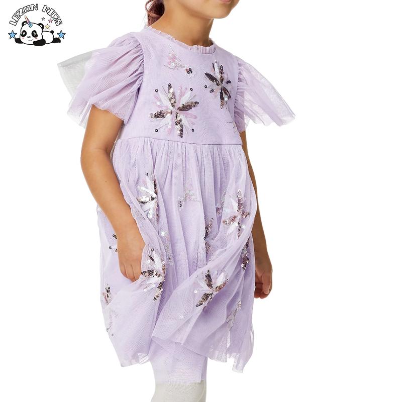 Girls Cute Tulle Sleeves Sequin Patches Summer Girl Sequin Flower Dress