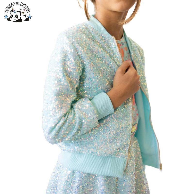 Customizable Stylish Ribbon Fabric Collar Children Sparkle Sequin Jacket Girls Sequin Bomber Jacket
