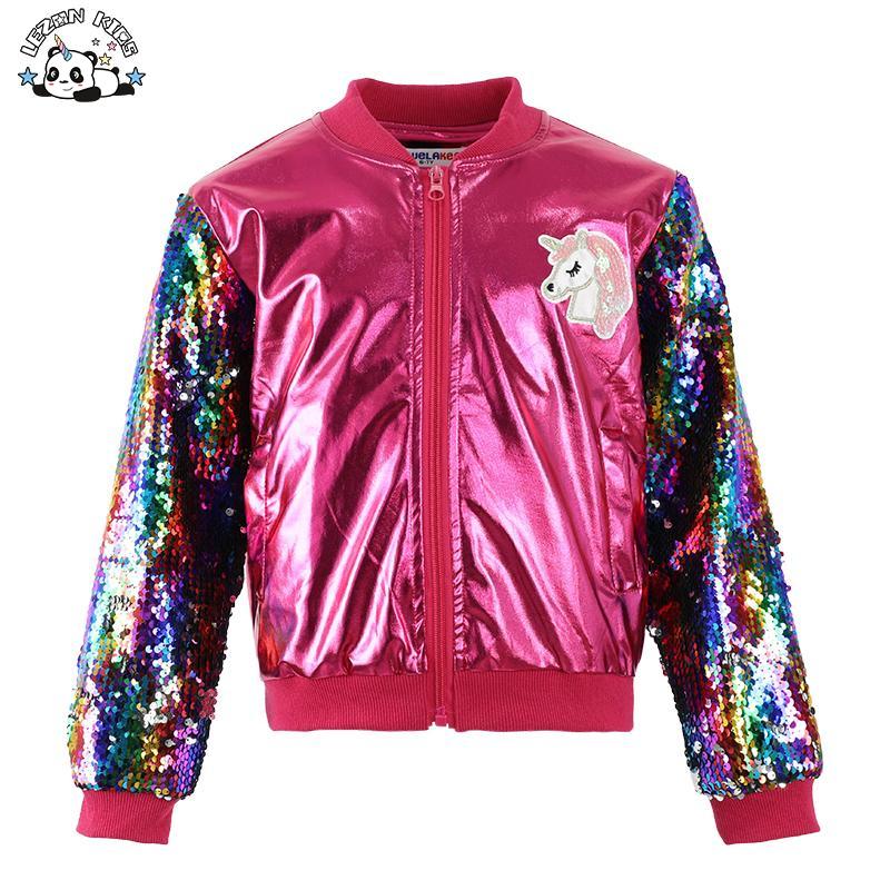 Customizable New Fashion Long Sleeves Children’s Sequins Leather Girls Jacket for 2-14T