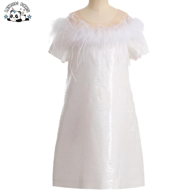 Princess Luxury Sequin Dresses Girls Feather Off Shoulder Piano Performance Fashion Dress