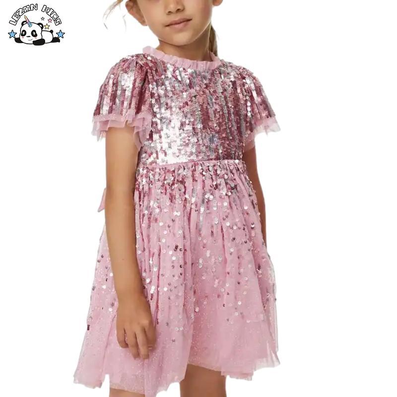 Customizable Style Customization Gradient Color Sequin O Neck Elegant Small Girls Sequin Dresses