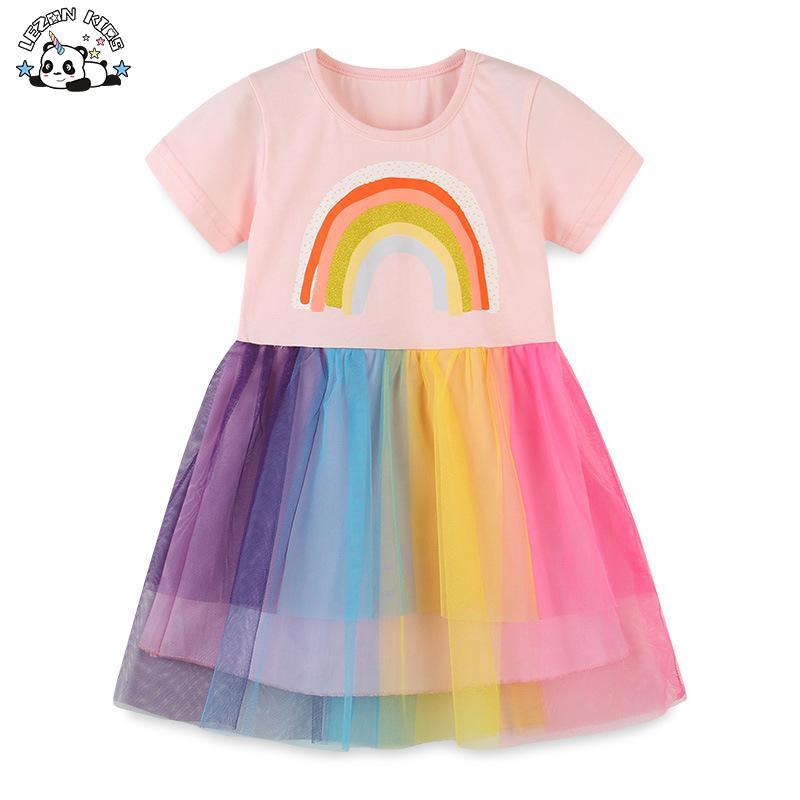 Customizable High Quality OEM Girls Pink Sequin Dress Rainbow Mesh Baby Girls Summer Dress for 2 to 14T Children