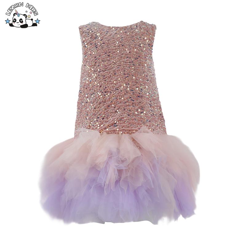 Hot Sale Sequin Tulle Dress Rainbow Color Sleeveless Summer Sequin Dress for Girls