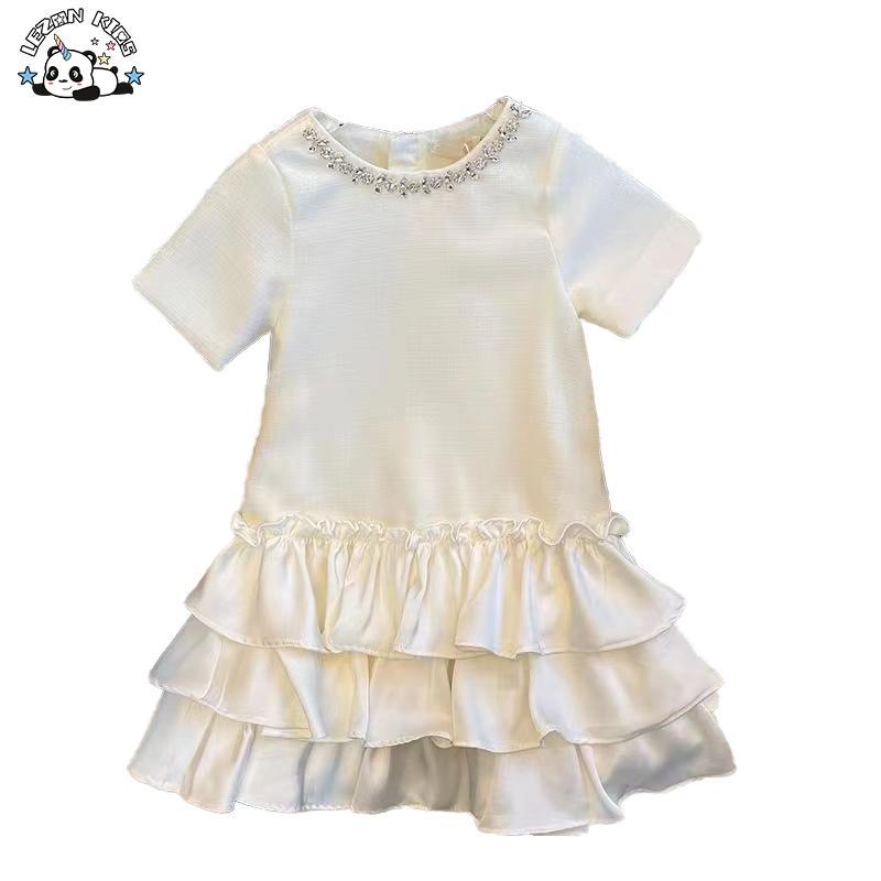 Customizable Summer Crystal Collar Satin Layers Cake Skirt Cute Luxury Girls Party Dress for 2-14 Years