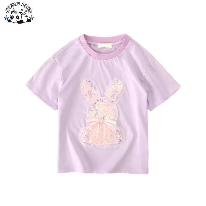 2024 New Sweet and Fashionable Versatile Tops with Bow Sequins Shirt Girls Summer T Shirt