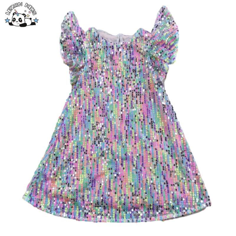 Custom Sequined Dress Girls Ruffle Sleeves Colorful Sequin Party Dress