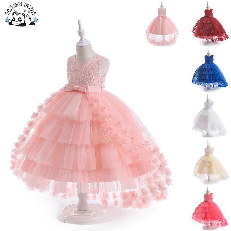 Popular Pearls Beaded Ruffle Flower Girl Dress Kids Birthday Party Girls Formal Dress for Girls