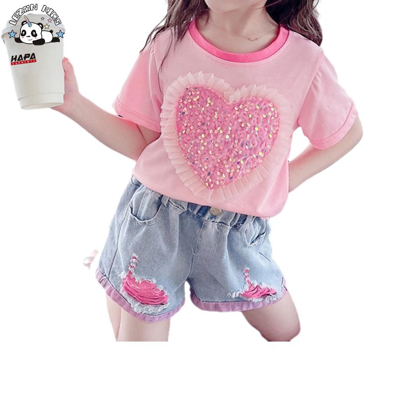 Little Girls Sequin Love Short Sleeve Sweet Two-piece Set