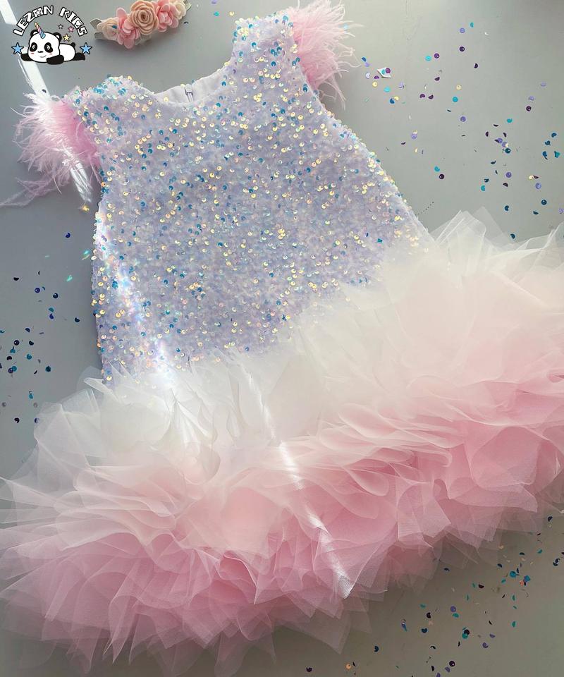 Customizable Wholesale Feather Flying Sleeves Colorful Multi Layered Sequin Girl Dress