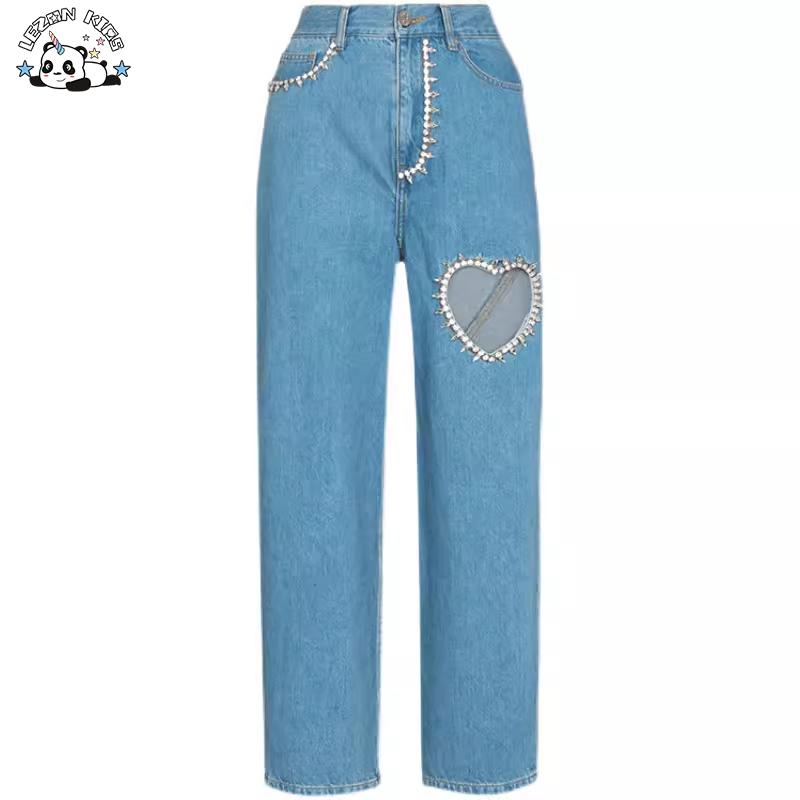 New Style Rhinestones Hollowed-out love Decorated Jeans Fashionable Kids Leg Pant for 4-14T