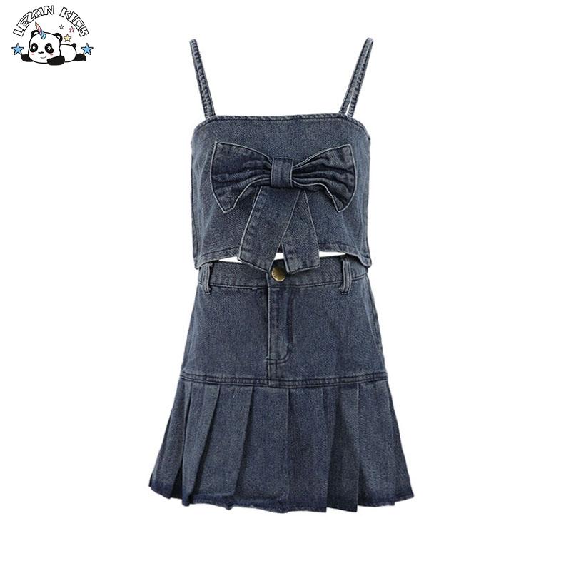 Luxury Denim 2pc Bow Tank Top and Skirt Girls Clothing Sets