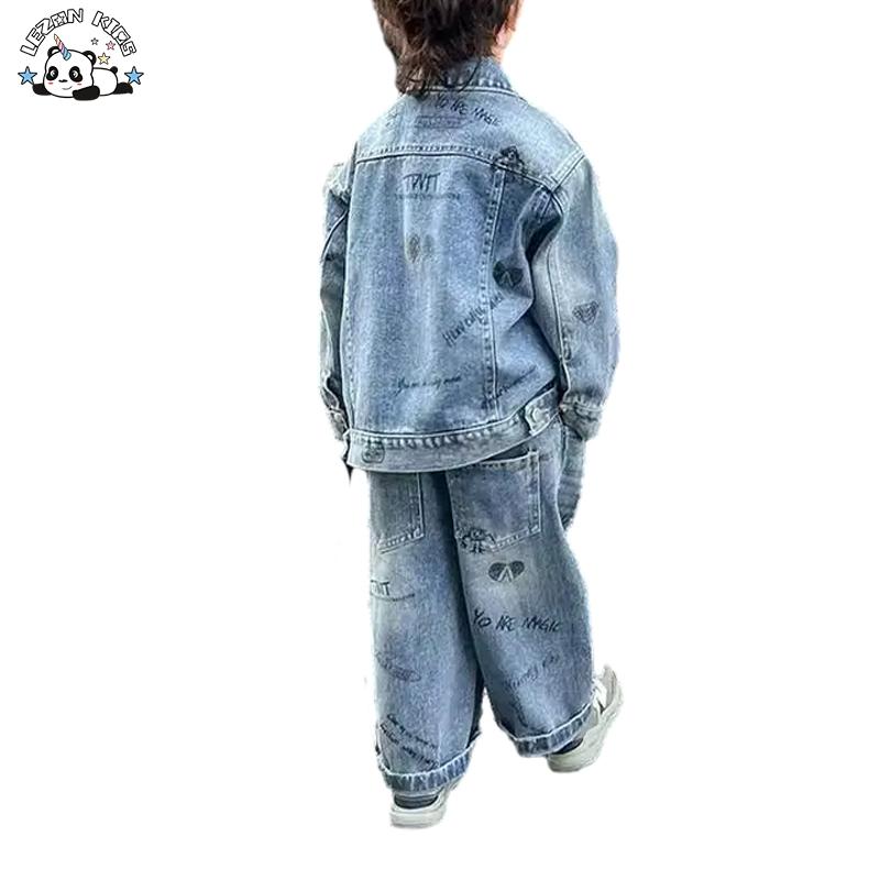 OEM Manufacture Autumn Long Sleeve Jacket and Pants Denim Sets Latter Printing Boys Clothing Sets