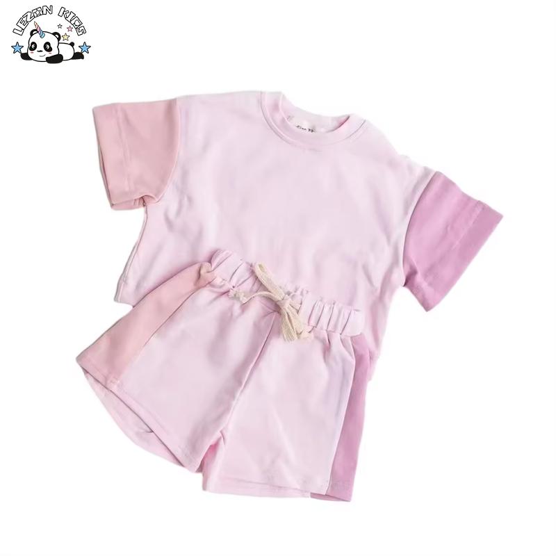 New Style Girls 2-Piece Set Short Sleeve T-Shirt and Shorts Color Block Child Jogger Set