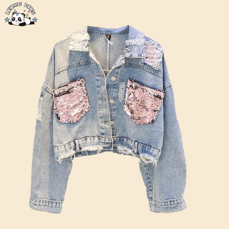Custom Fashion Design Sequin Patches Denim Jacket Clothing Washed Sequin Denim Jacket Women Made in China