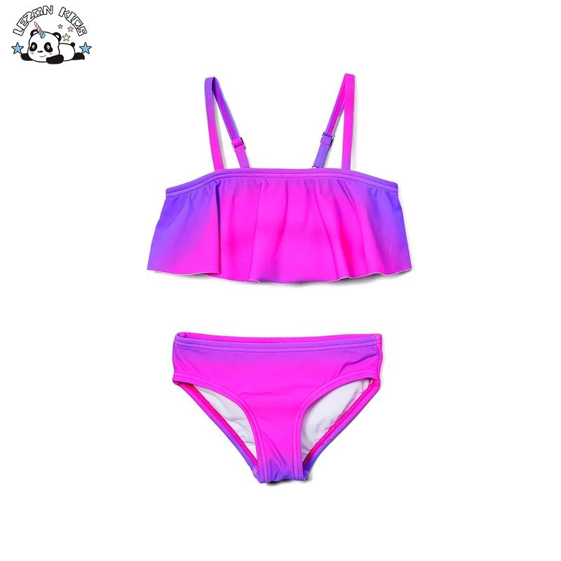 Girls Elastic Fabric Swim Set Gradient Pink Purple Ruffled Bikini Quick Dry Kids Swimming Costume for Girls Beach Vacation