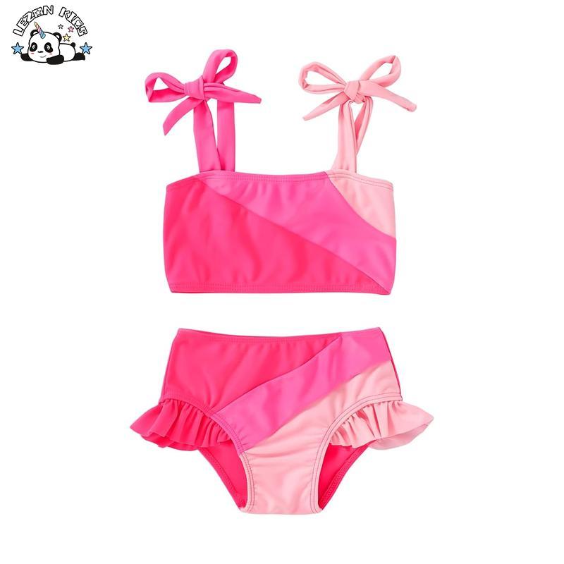 Customizable Girls Pink Bow Swimsuit Ruffled Hem Two-Piece Swimwear Kids Beach Pool Costume