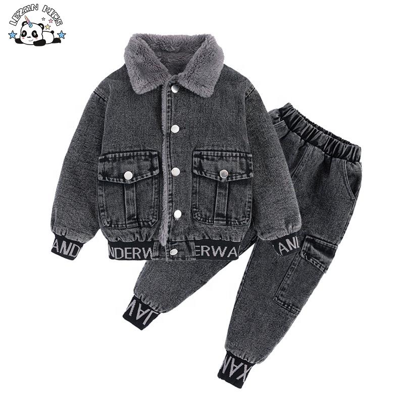 New Fashion Kids Clothes Boys Velvet Denim Suits Winter Outfits