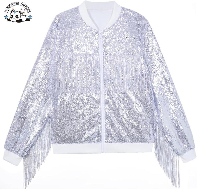Customizable Girls Silver Sequin Bomber Jacket Tassel Soft Lining Design Cotton Collar Kids Fashion Outerwear