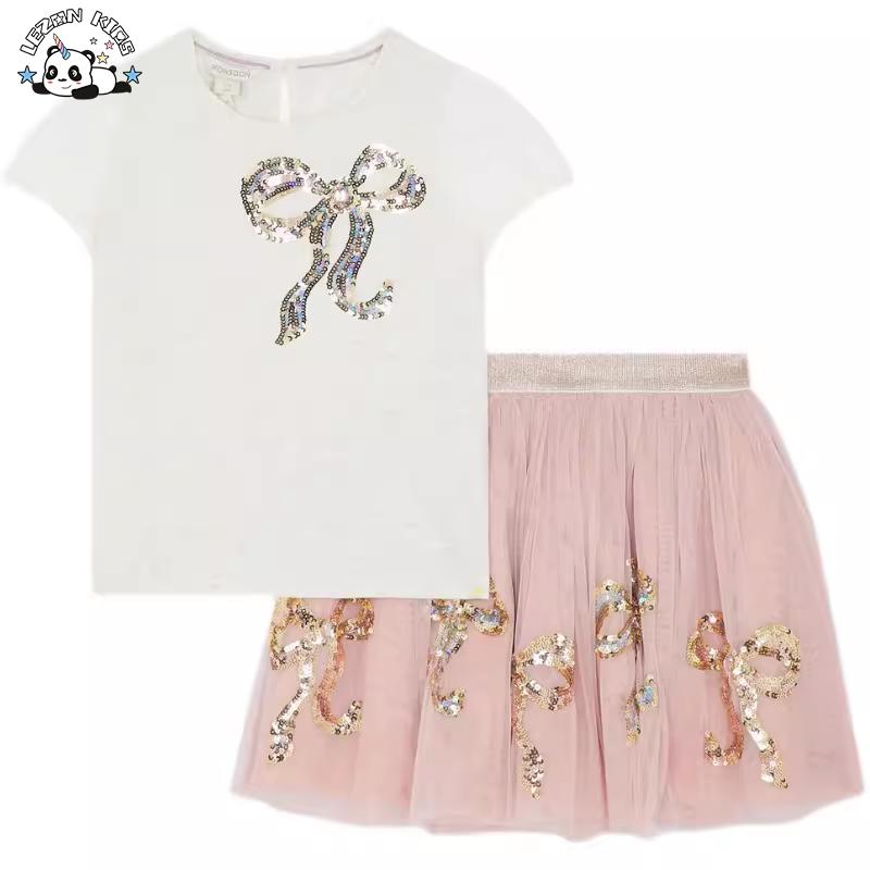 Custom 2-14T Kids Casual Suit Cute Star Sequin Patch Short Sleeve T-shirt and Skirt Sets