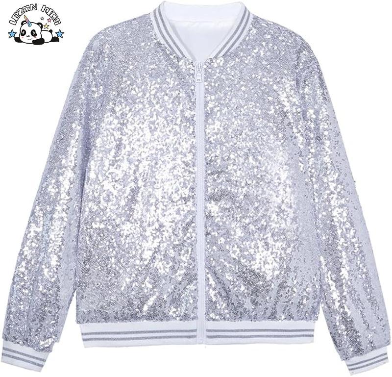 Customizable Girls Silver Sequin Bomber Jacket