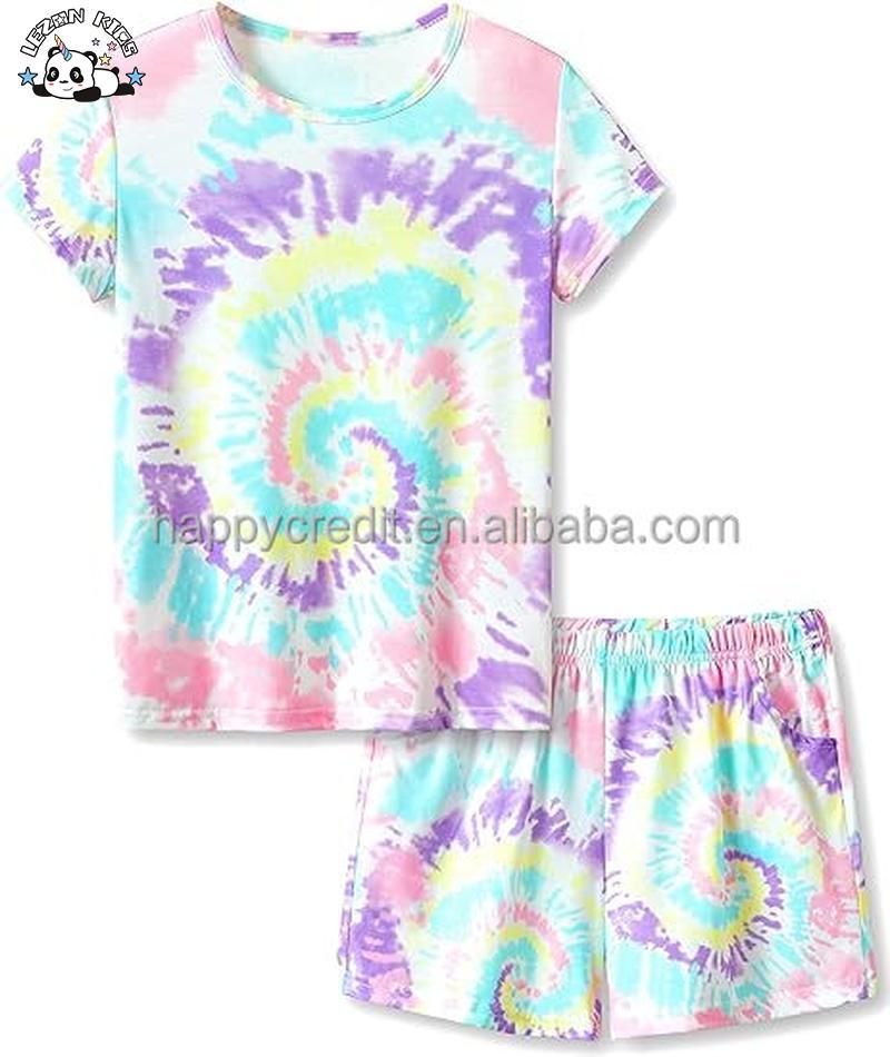 Customizable Hot SaleTrendy Tie Dye Spiral Pajamas 2-Piece Shirt Shorts PJ Set Jammies Size 2-14 for Girls