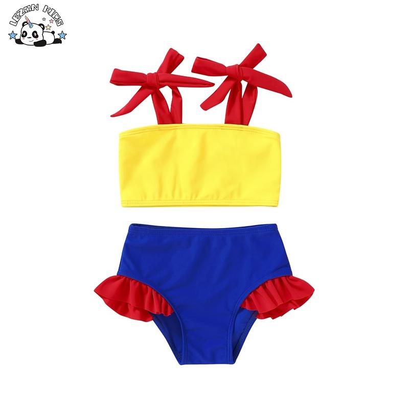 Custom Design Quick Dry Girls Colorblock Swimsuit Bow Straps Ruffled Hem Two-Piece Kids Swimwear with Elastic Fabric