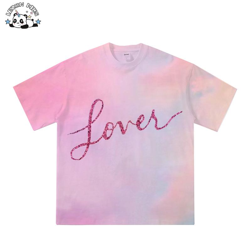 Custom Stylish Children Tye Dye Pink LOVE Short Sleeves T Shirt Girls Summer T Shirt