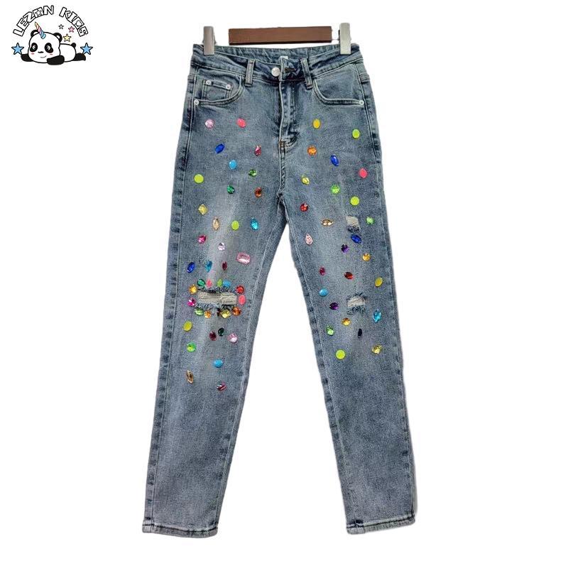 Customizable Cutout Design Colored Diamond Beaded Pants Kids Denim Girl Jeans Pants