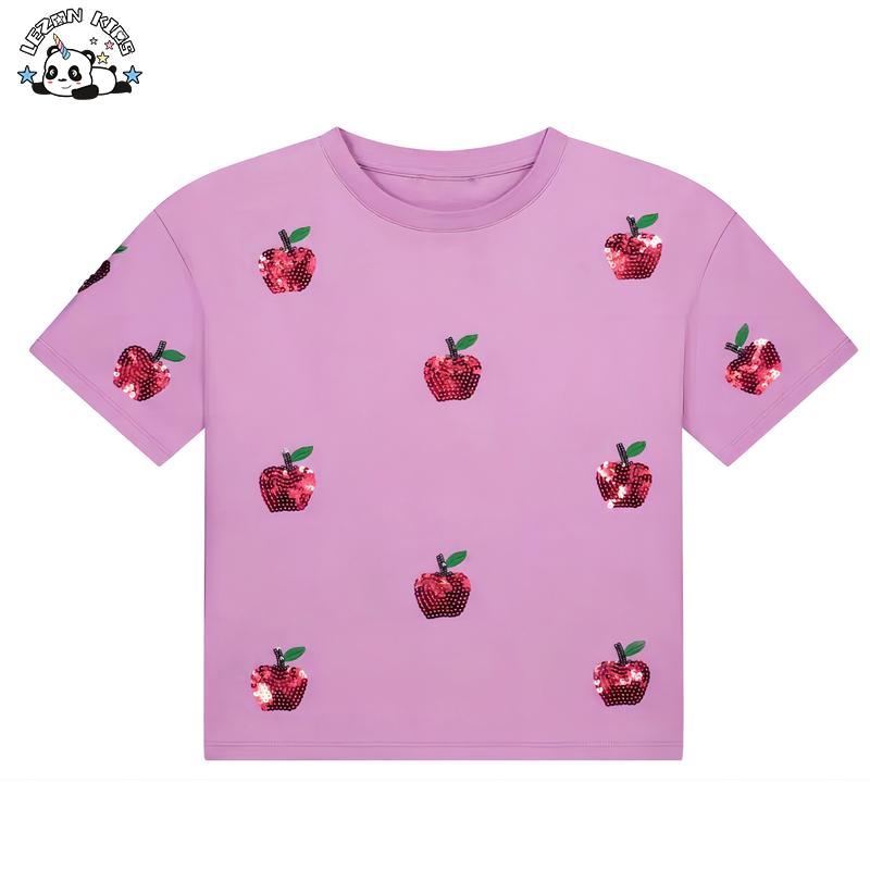 Customizable Sequin Apple Embroidery Cute Patterns Printing Girls T Shirt