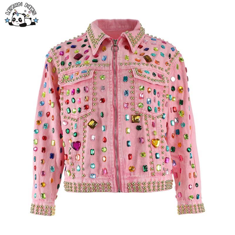Customizable New Style Pink Colorful Gems Decoration Jeans Zip Jacket Girls Denim Jacket for 2-14T