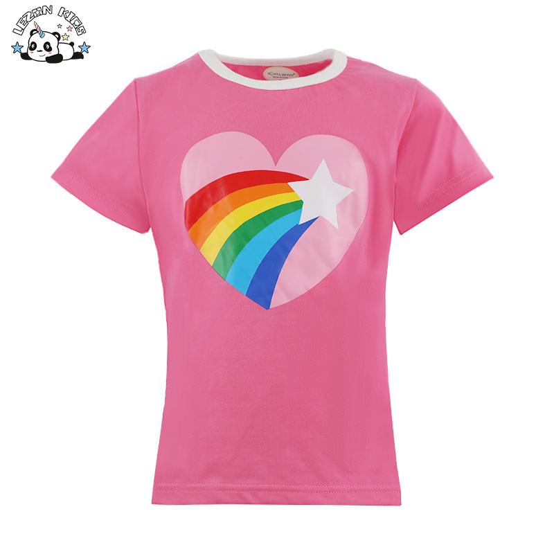Custom Fabrics Children Short Sleeves Rainbow Star T-Shirt Cotton Pink Kids Girls T Shirts