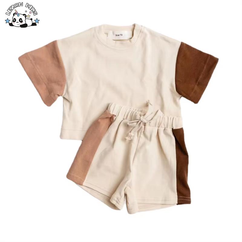 New Fashion Girl Suit Color Block Set Short Sleeve T Shirt Shorts Summer Child Jogger Set