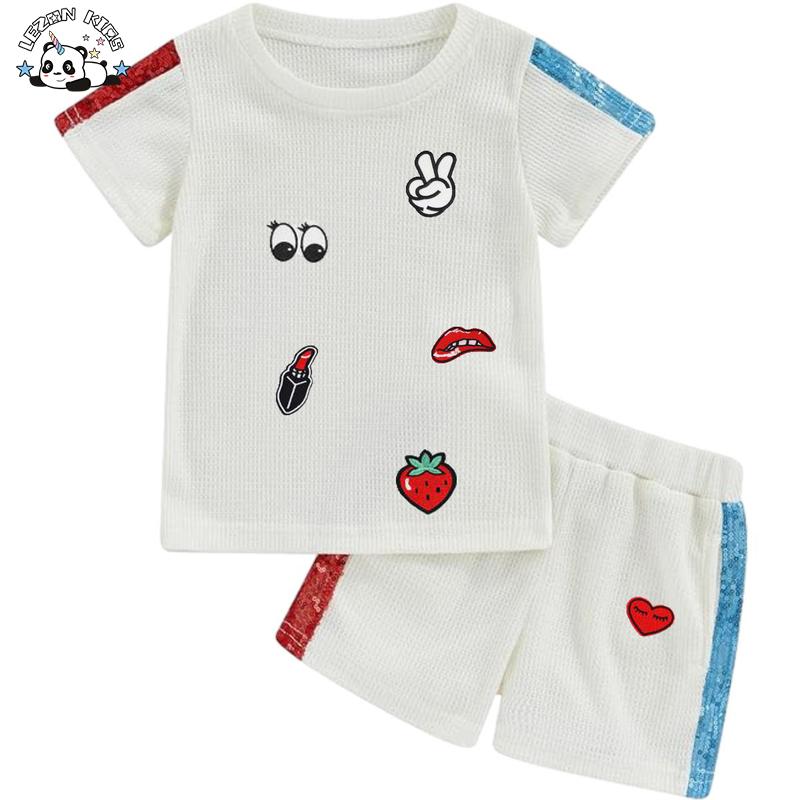 Customized Girls Sequin Stripe Sleeves Patchwork T Shirt + Shorts Kids Clothing Set