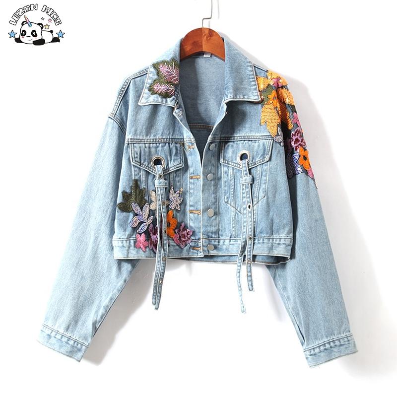 Factory Customized Sequined Floral Embroidered Casual Denim Girl Jacket