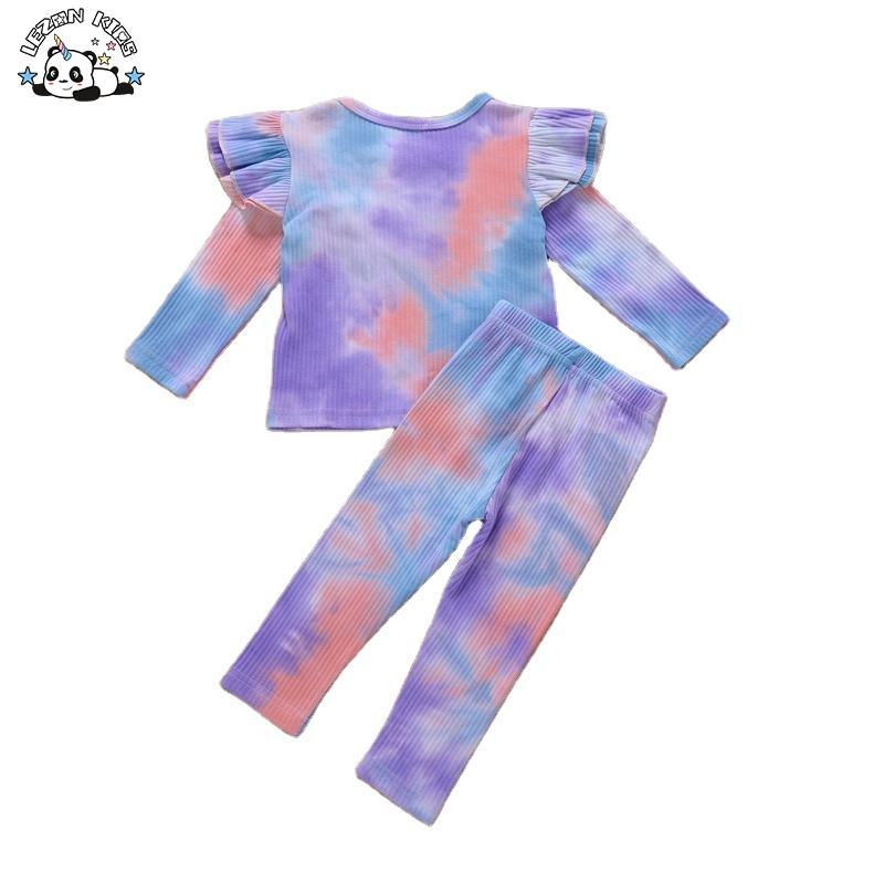 Customizable Tie Dye Ruffle Long Sleeve T-shirt Long Pant Sport Casual Toddler Girls Clothing Sets