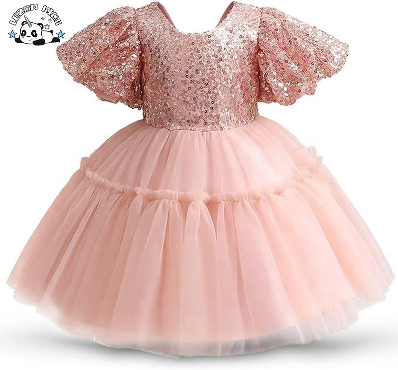 OEM Customizable Sequins Sparkly Puffy Sleeve With Lace Mesh Party Children’s Dresses for Little Girls