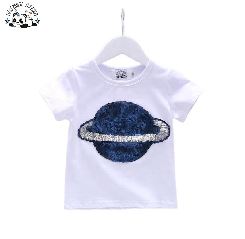 Customized Logo Wholesale Cute Kids Navy Blue Planet Sequin White T-shirt