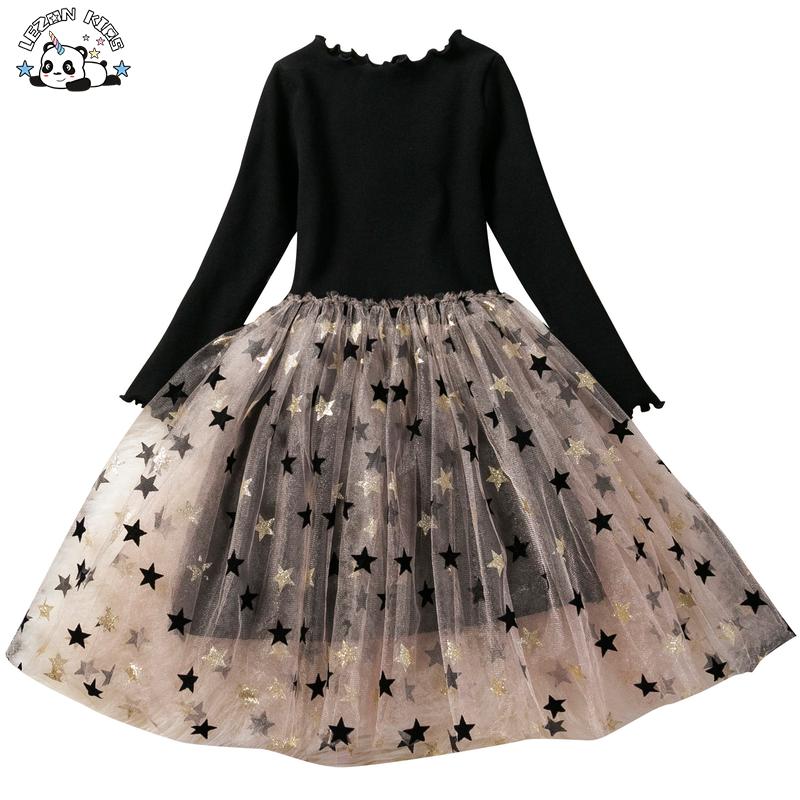 New Style Custom Long Sleeve Knitted Elastic Star Printed Sequin Tutu Dresses