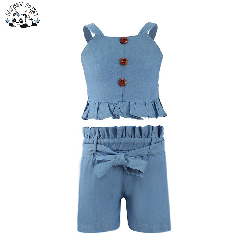 Factory Direct Price Custom Blue Denim 2pcs Casual Button Girls Clothing Sets 6-7 Years for Summer