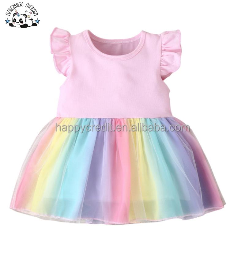 Custom Girls Dresses Flying Sleeves Summer Gauze Material Floral Print Lace Decoration Girls Dress for 2-14 Years