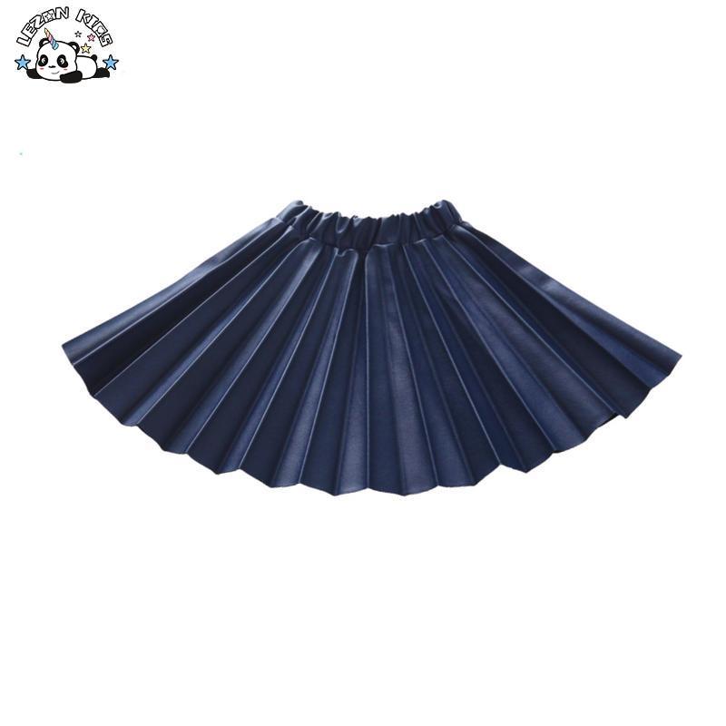 Children’s Wear New Girls’ Leather Skirt Pleated PU Leather Short Skirt Elastic Waist A-line Skirt
