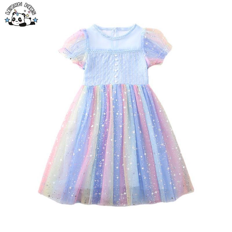 Customizable New Arrival Short Sleeves Rainbow Foil Printed Summer Girl Tulle Dresses