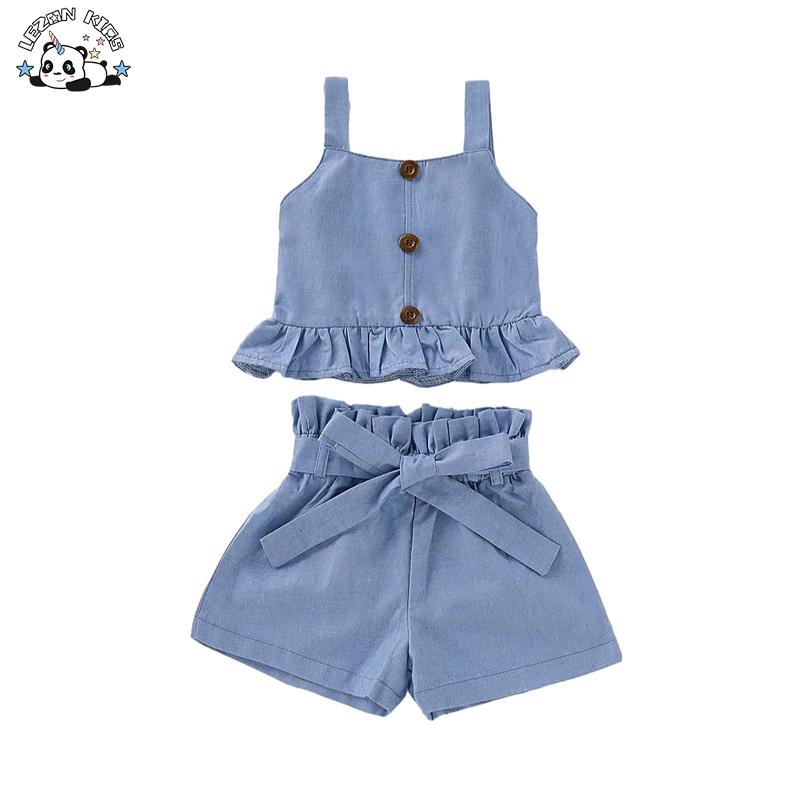 Custom Kids Clothing Sets Blue Condole Top Ruffles Summer Western Style Denim Fabric Girl Clothing Set