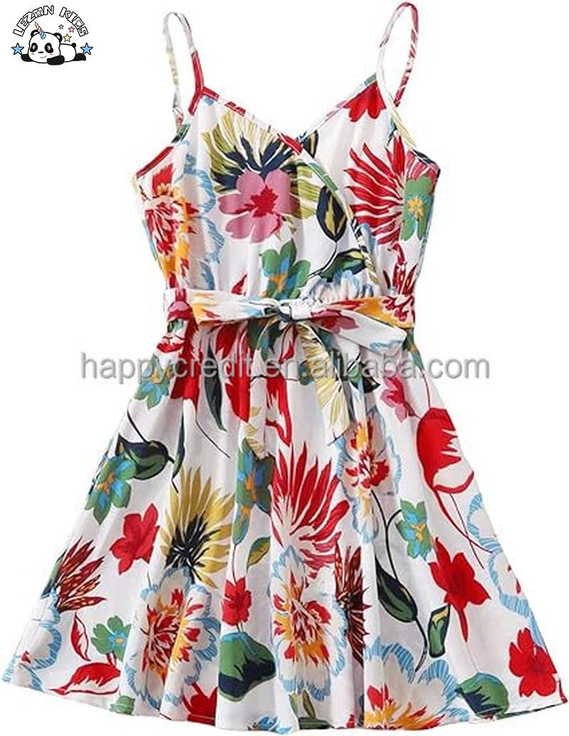 Customizable Hot Sale Cute Striped Strap Button Front Belted Summer Floral Red Dress