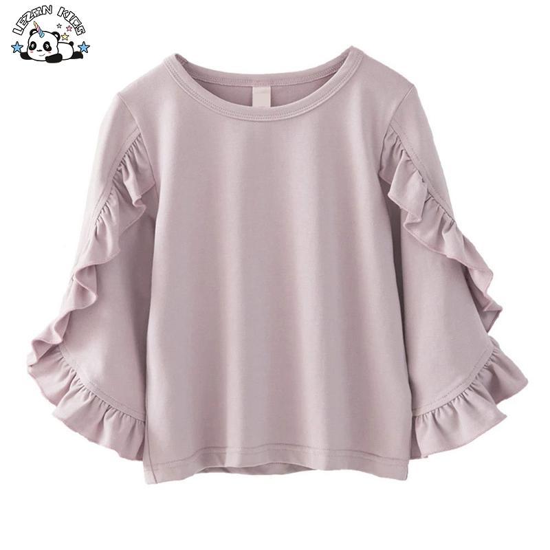 Customizable Spring Autumn Girls Pink Purple Flared Sleeve Long Sleeve T-shirt Wooden Ear Lace Sleeve Hoodie