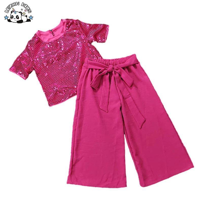 Beaded Suit for Girls Sequined Short Sleeves Top Casual Wide-leg Pants Lace-up Girls Clothing Set