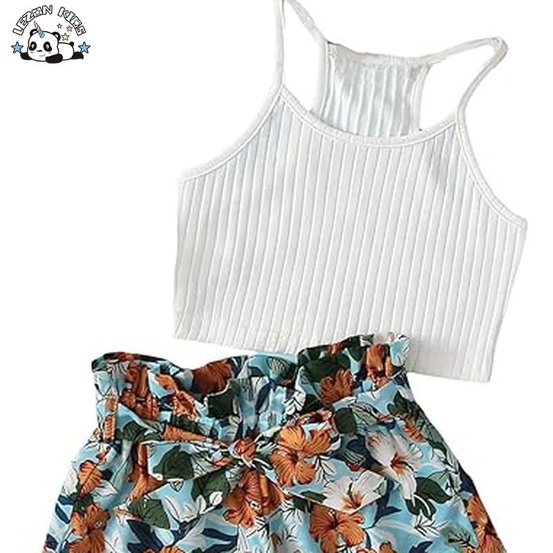Customizable 2 Piece Floral Sleeveless Crop Cami Top and Belted Shorts