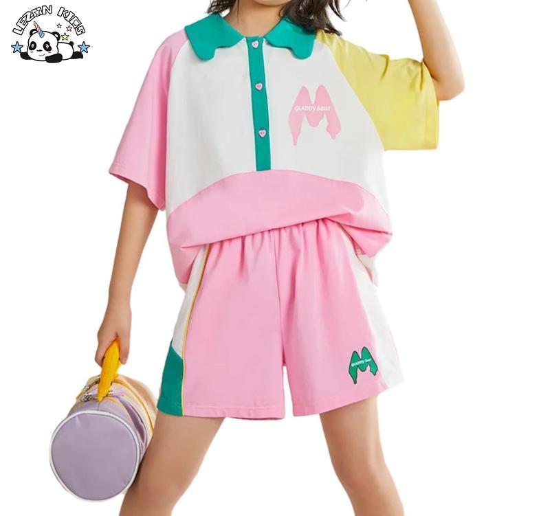 Customizable Summer Fashionable Girls’ Short Sleeve T-shirt Set Casual Shorts Children’s Sports Two Piece Set